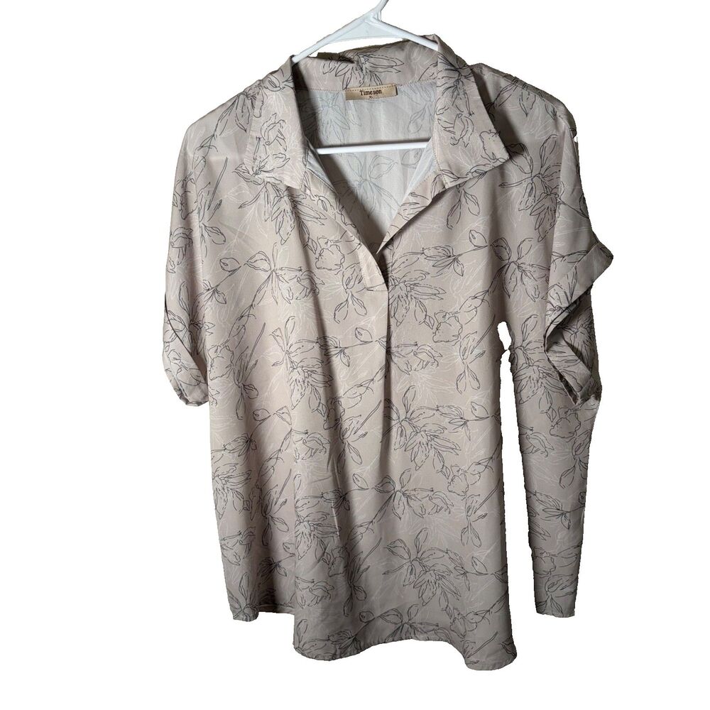 Timeson Shirt Women's XL Gray Floral Button Up Short Sleeve Collared Top